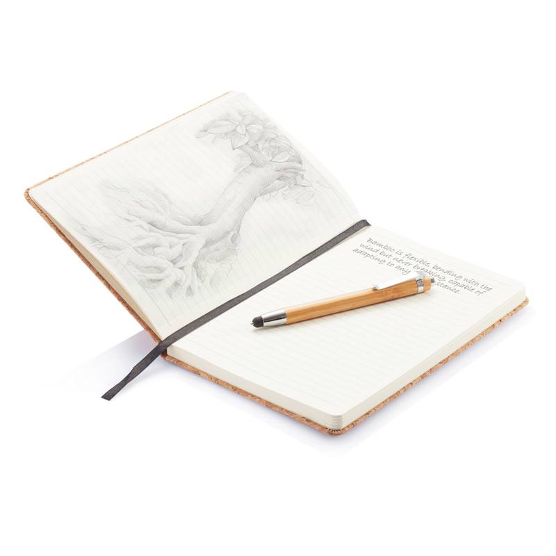 Eko zápisník, korkový obal a bambusové pero so stylusom, hnedá